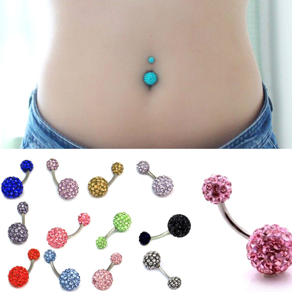 Varies Bar Navel Belly Button Ring Barbell Coated CZ Crystal Ball Body Piercing