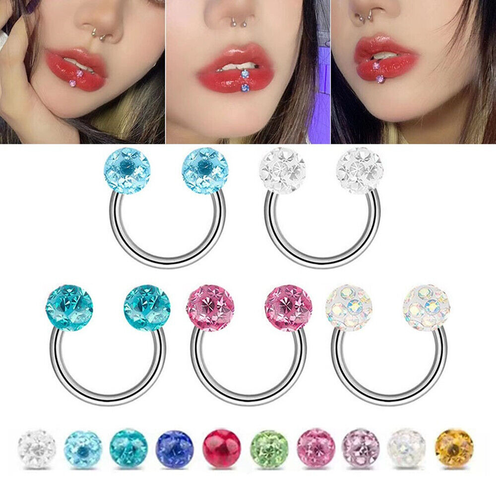 Multi Crystal Horseshoe Bar Circular Barbell Ring Eyebrow Lip Nose 4mm Ball