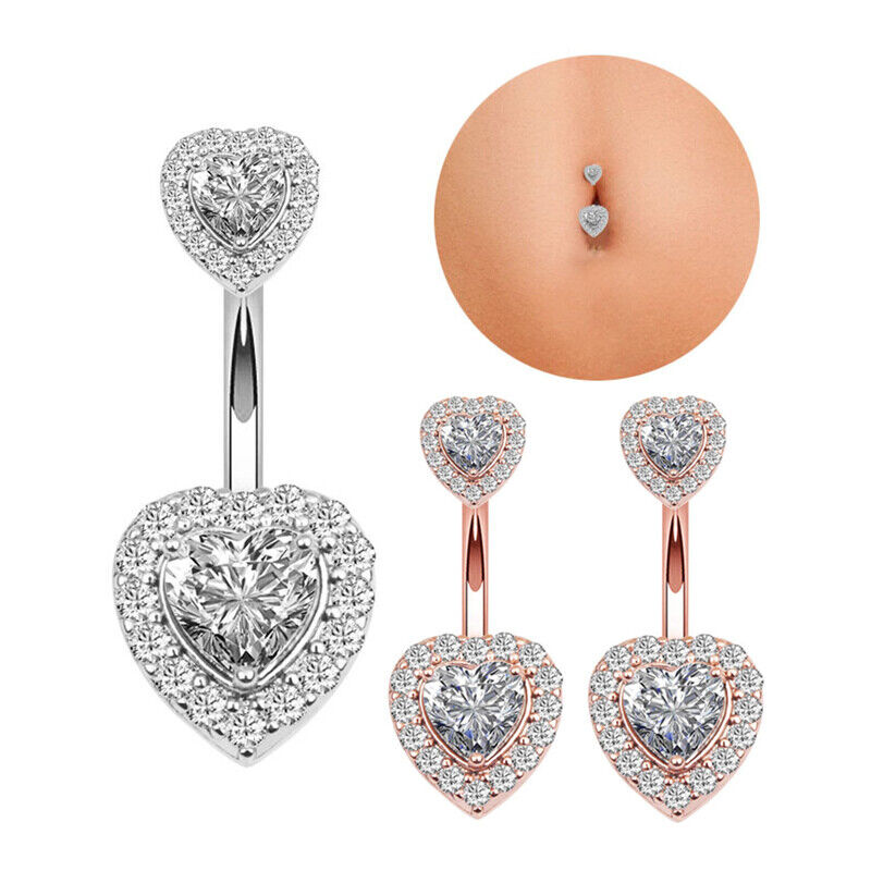 Zircon Heart Belly Bar Surgical Steel Double Gem Navel Button Ring Body Piercing