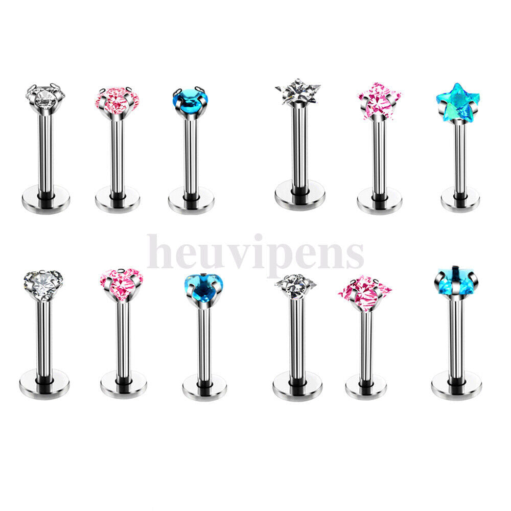 2X Zircon Surgical Steel Internal Thread Labret Lip Stud Nose Helix Ear Piercing