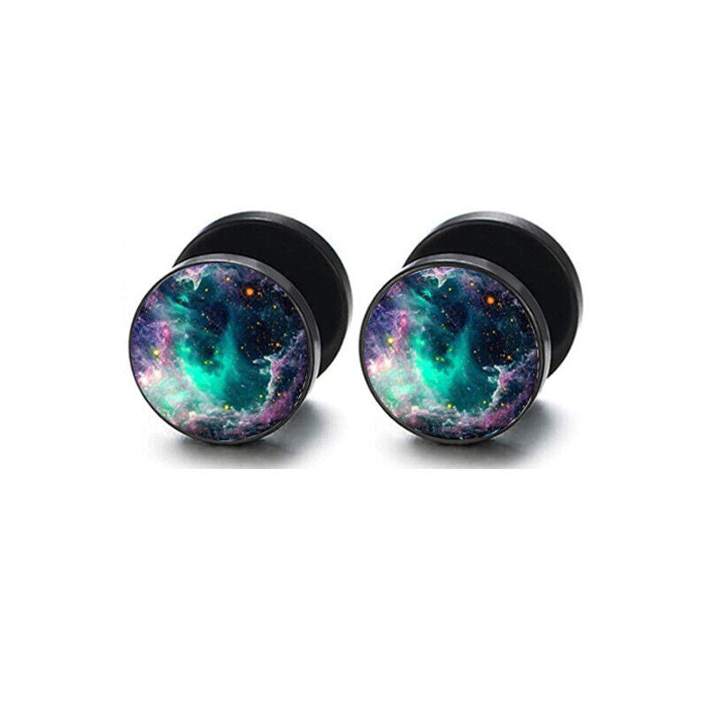 2pc Steel Multi Pattern Black Fake Ear Plug Flesh Tunnel Stud Earring Piercing