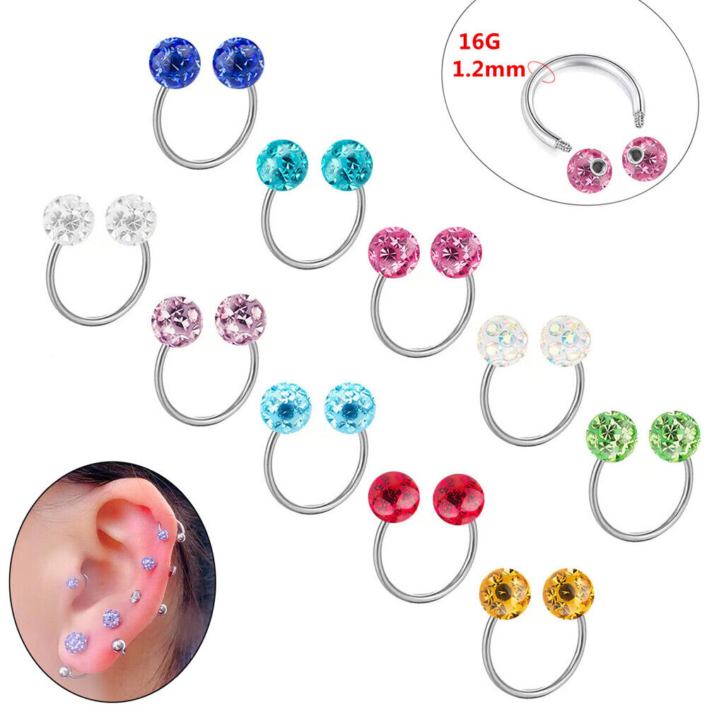 16G Varies Diameter Horseshoe Nose Lip Crystal Ball Hoop Ring Ear Body Piercing