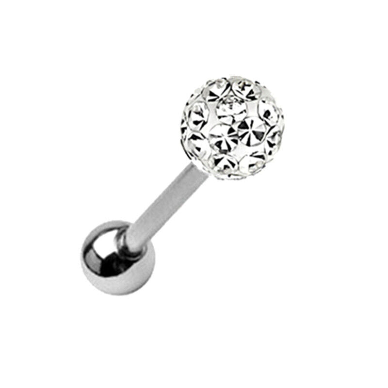 Clear Crystal Coated Ball Surgical Steel Barbell Bar Tongue Ring Studs Piercing