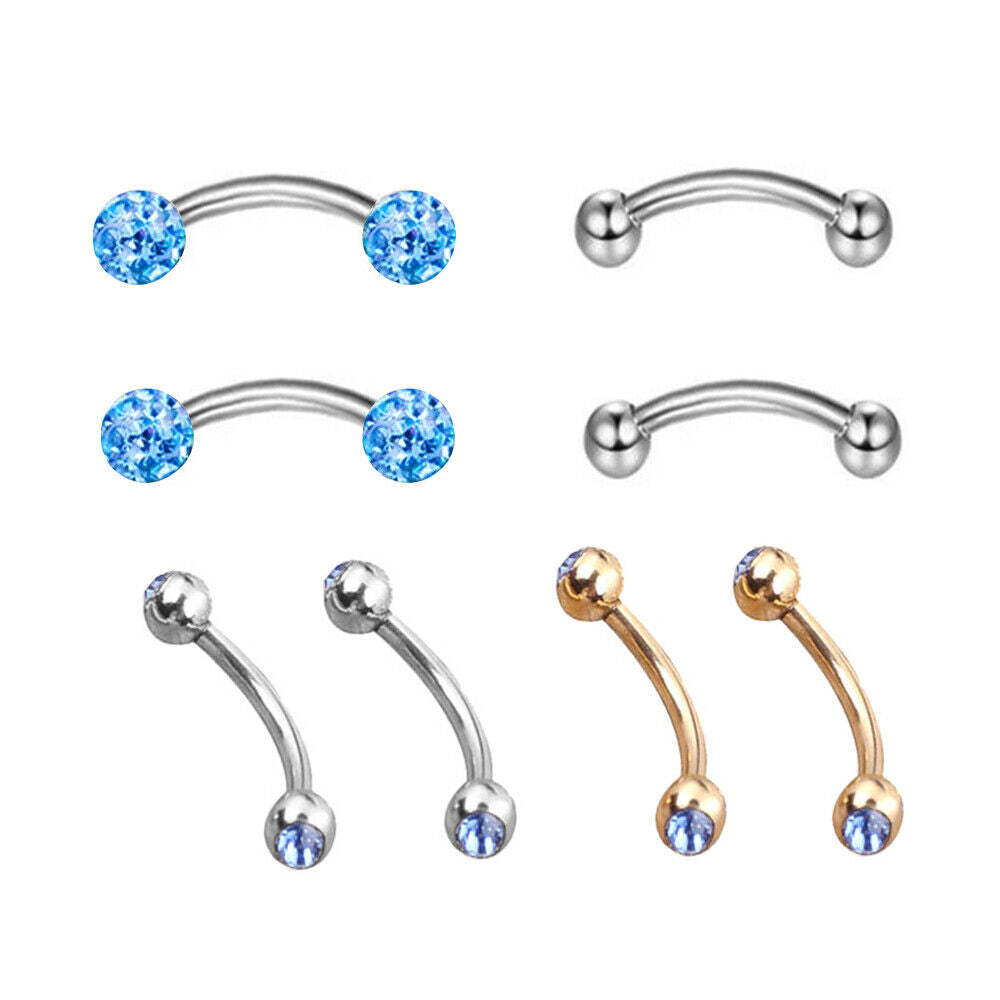 8pc Steel Ball Barbell Curved Eyebrow Ring Bar Tragus Ear Piercing Jewellery Set