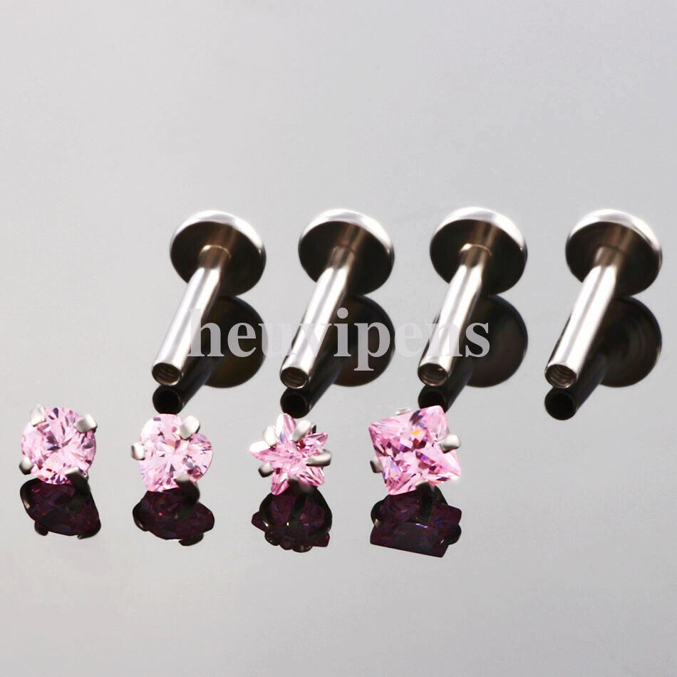 2X Zircon Surgical Steel Internal Thread Labret Lip Stud Nose Helix Ear Piercing