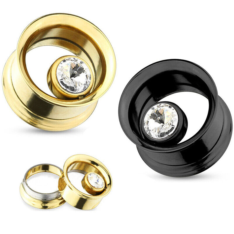 2pc Punk Steel Zircon Gold Black Flesh Tunnel Double Flared Screw Fit Ear Plug