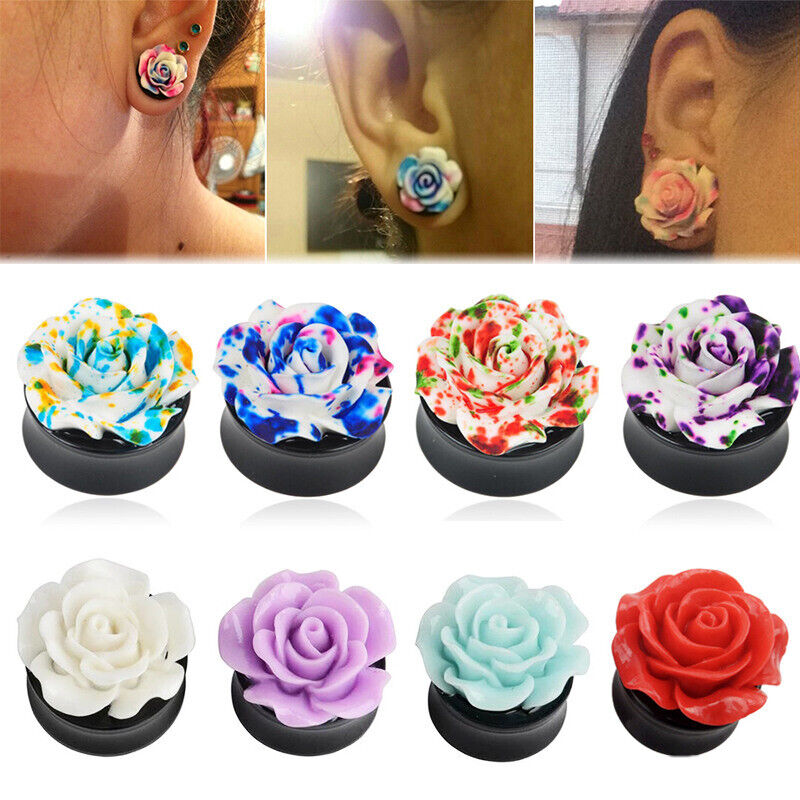 Pair Fancy Rose Acrylic Flare Saddle Ear Plug Gauge Flesh Tunnel Stretcher Trumpet