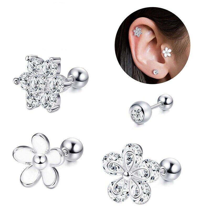 Crystal Steel Stud Earring Flower Ear Helix Tragus Cartilage Body Piercing