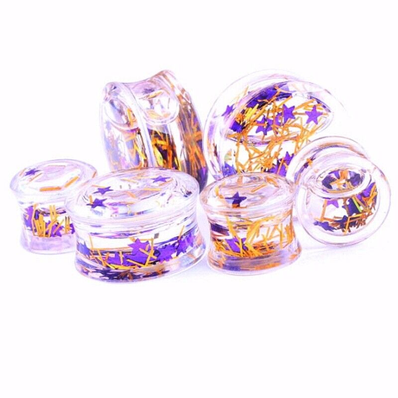 Pair Glitter Liquid Acrylic Ear Flesh Tunnel Plug Stretcher Double Flared Taper