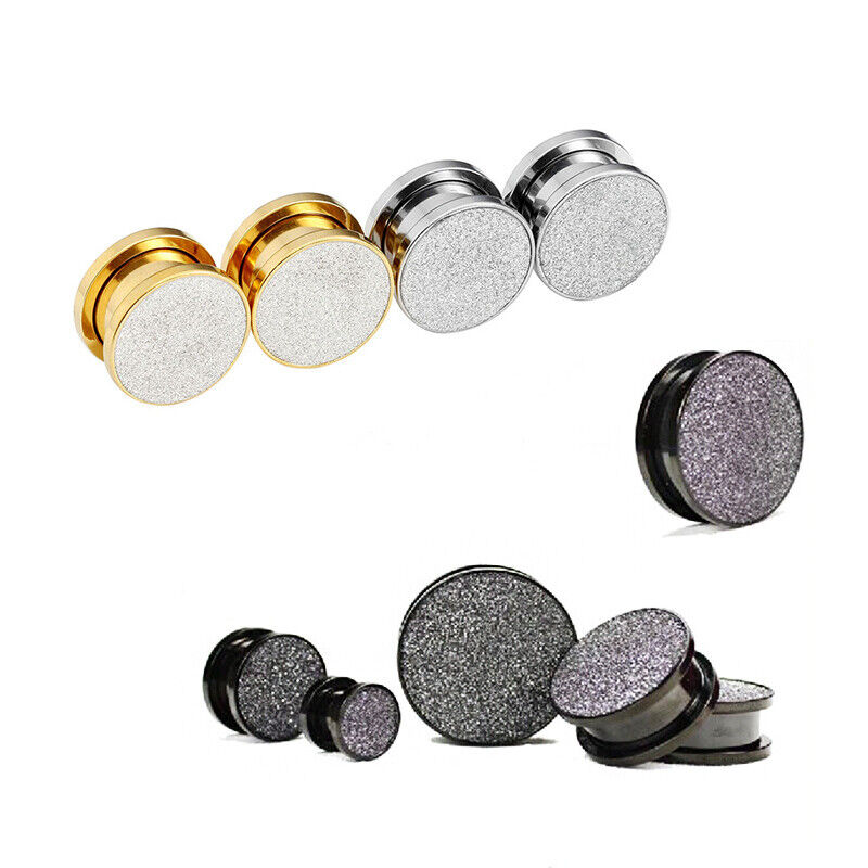 2pc Steel Silver Gold Glitter Screw Fit Flesh Tunnel Ear Plug Gauge Stretcher