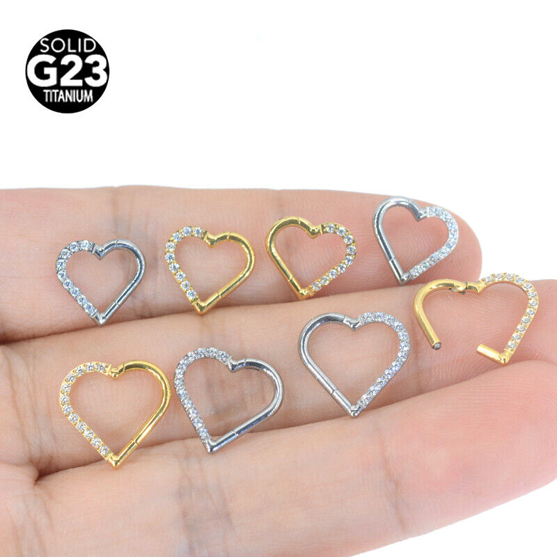 G23 Titanium Steel Love Heart Nose Ring Zircon Hinge Septum Hoop Ear Piercing