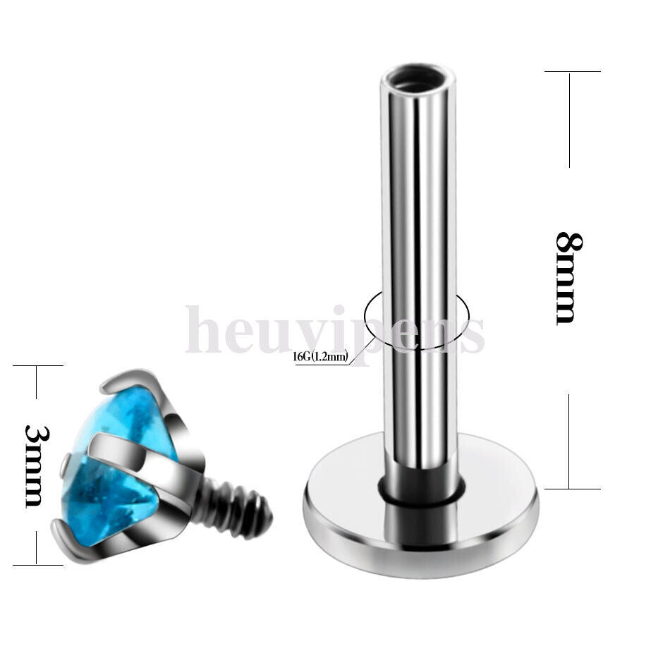 2X Zircon Surgical Steel Internal Thread Labret Lip Stud Nose Helix Ear Piercing