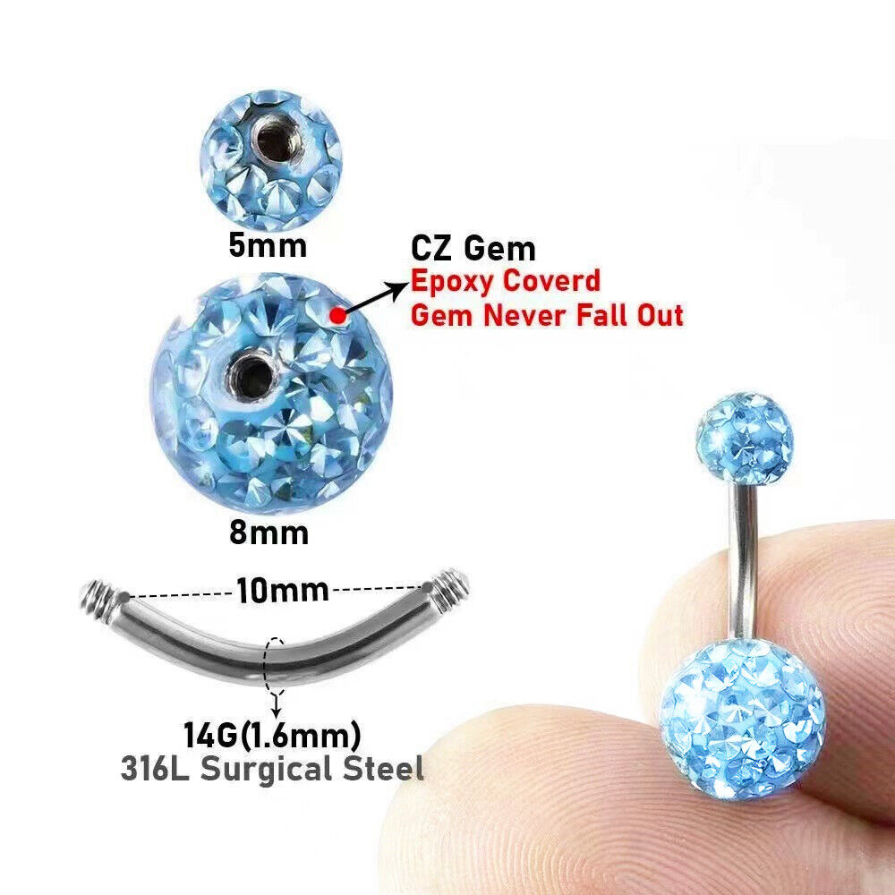 Navel Belly Button Ring Barbell Rhinestone Crystal Ball Piercing Body Jewelry