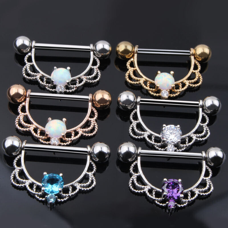 PAIR Nipple Bar Ring Surgical Steel Opal Zircon Shield Body Piercing Jewellery