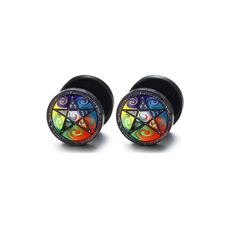 2pc Steel Multi Pattern Black Fake Ear Plug Flesh Tunnel Stud Earring Piercing