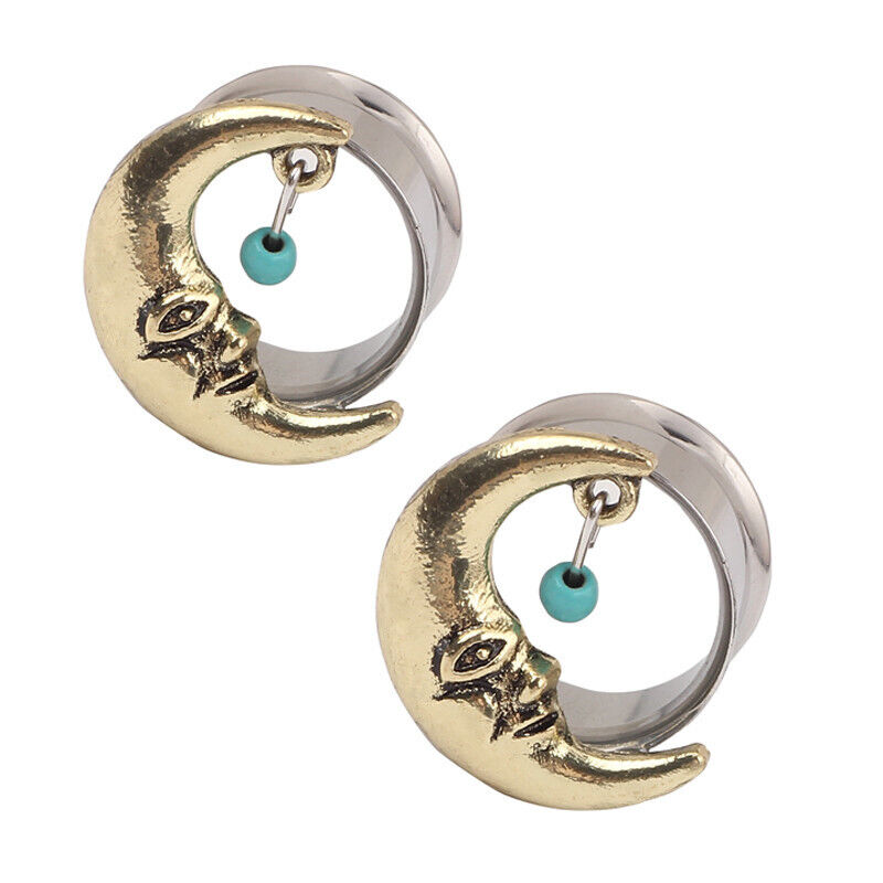 1 Pair Surgical Steel Moon Turquoise Double Flare Flesh Tunnel Ear Plug Expander