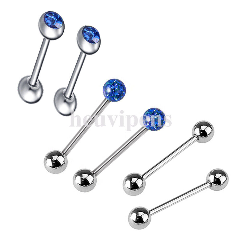 6pc Set Steel CZ Crystal Ball Barbell Bar Tongue Ring Studs Nipple Body Piercing