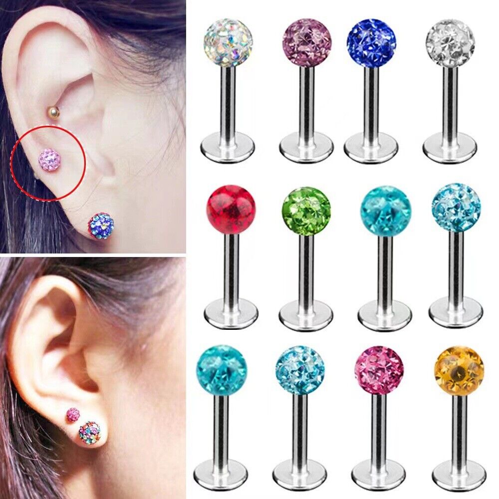 2pc 6/8/10mm Bar Coated Crystal Ball Lip Monroe Labret Tragus Ring Body Piercing