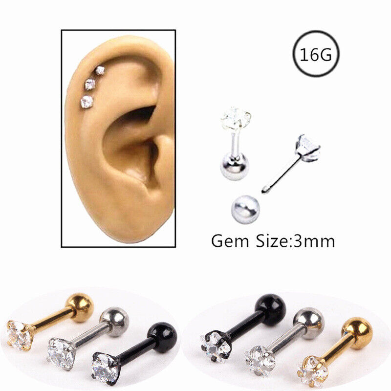 1 Pair 16G 3mm CZ Gem Ball Ear Cartilage Tragus Helix Stud Earring Body Piercing