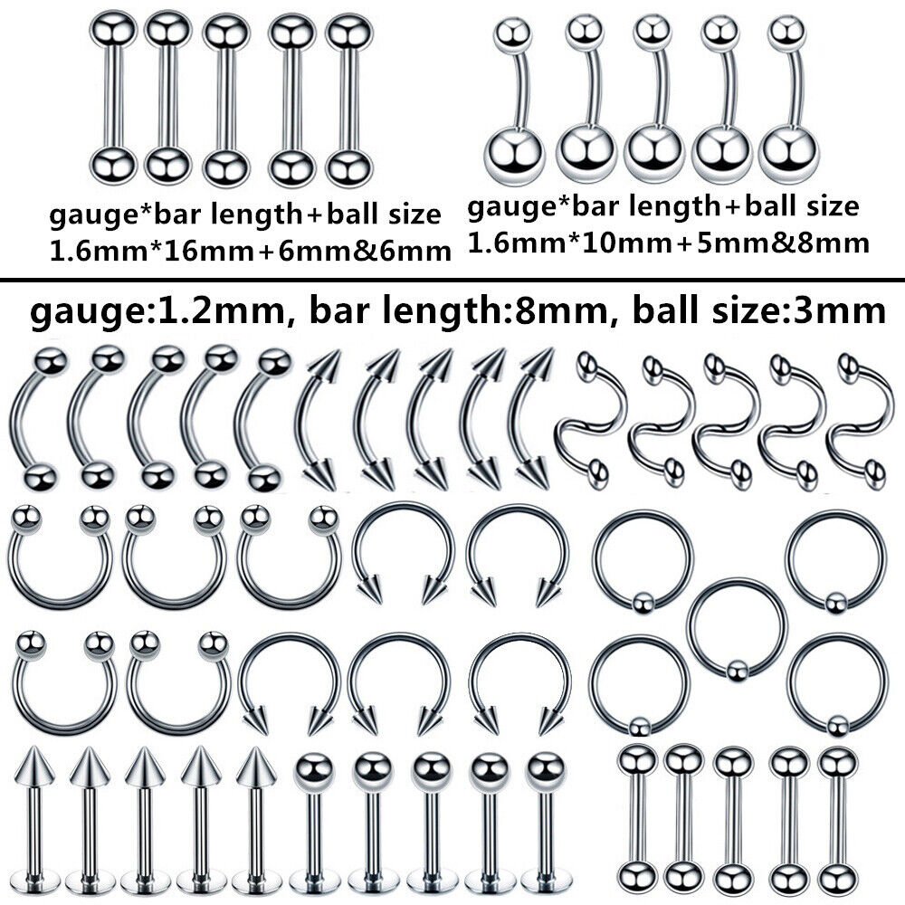 55X Steel Varies Kind Piercing Ear Labret Nose Tongue Navel Body Jewellery Set