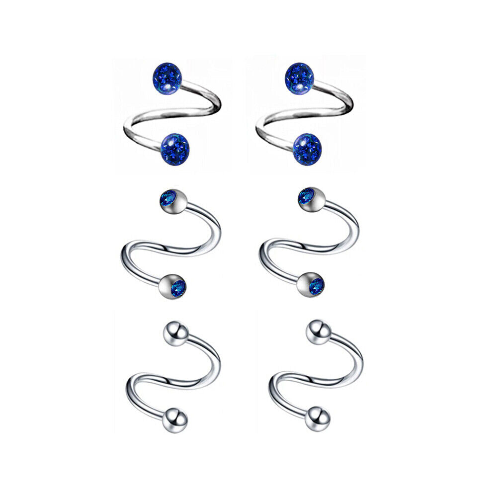 6pc Crystal Twist Ear Cartilage Helix Stud Earring Spiral Piercing Jewellery Set