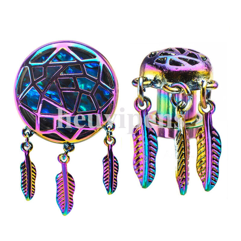 2pc Dreamcatcher Hollow Steel Dangle Screw Saddle Flesh Tunnel Ear Plug Feather