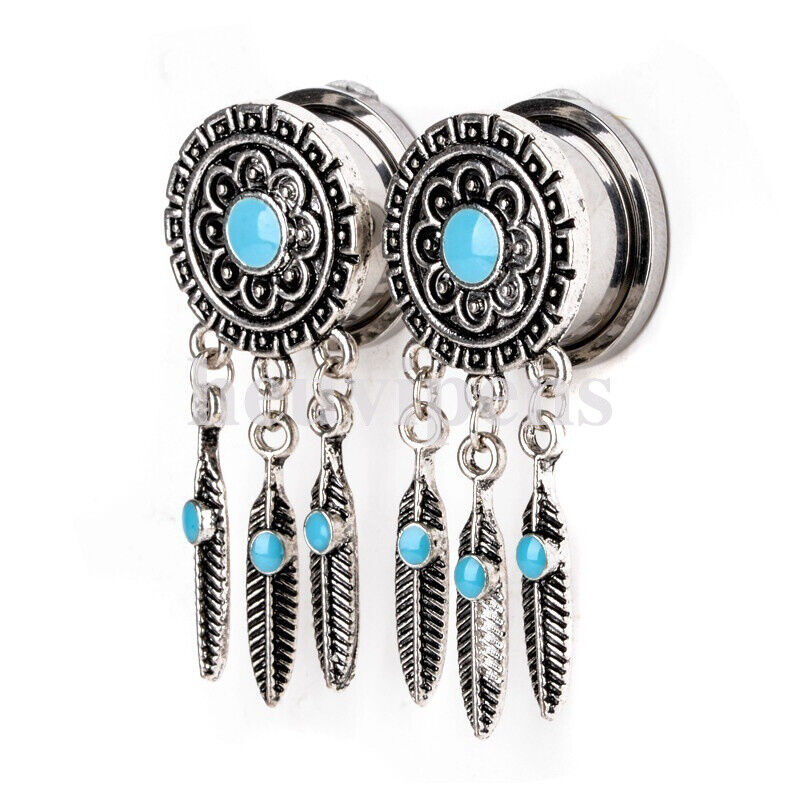 2pc Dreamcatcher Hollow Steel Dangle Screw Saddle Flesh Tunnel Ear Plug Feather