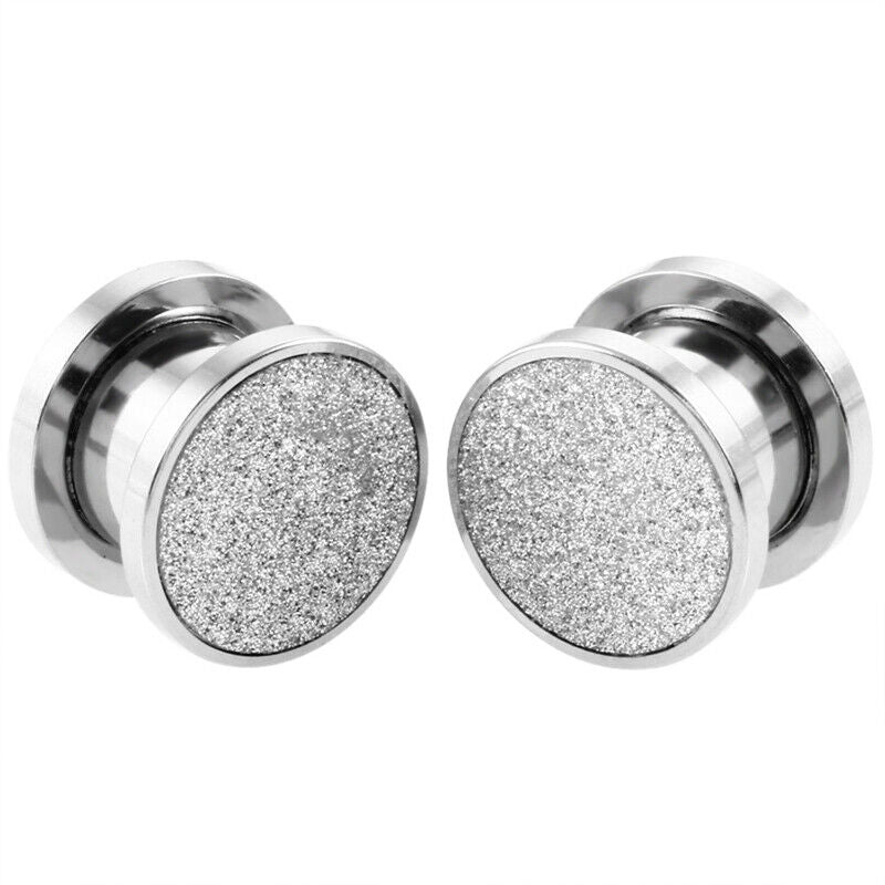 2pc Steel Silver Gold Glitter Screw Fit Flesh Tunnel Ear Plug Gauge Stretcher