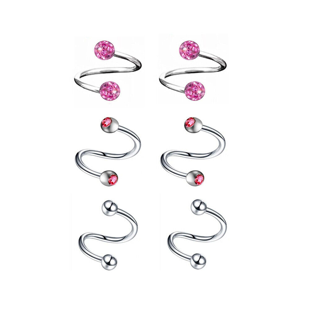 6pc Crystal Twist Ear Cartilage Helix Stud Earring Spiral Piercing Jewellery Set