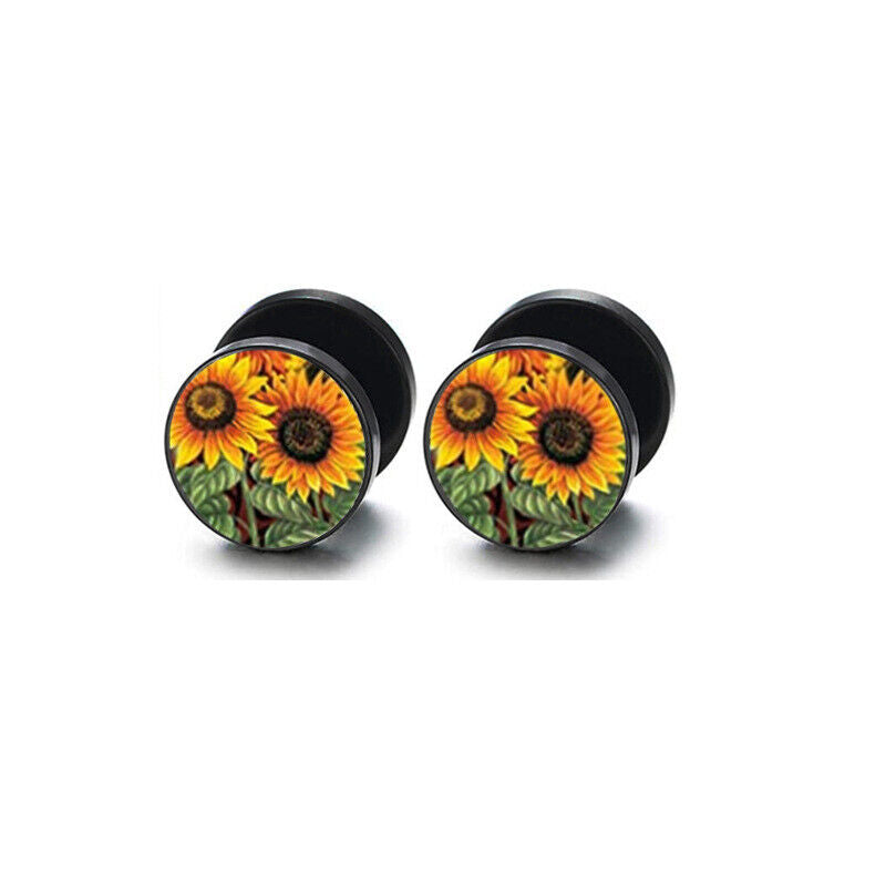 2pc Steel Multi Pattern Black Fake Ear Plug Flesh Tunnel Stud Earring Piercing