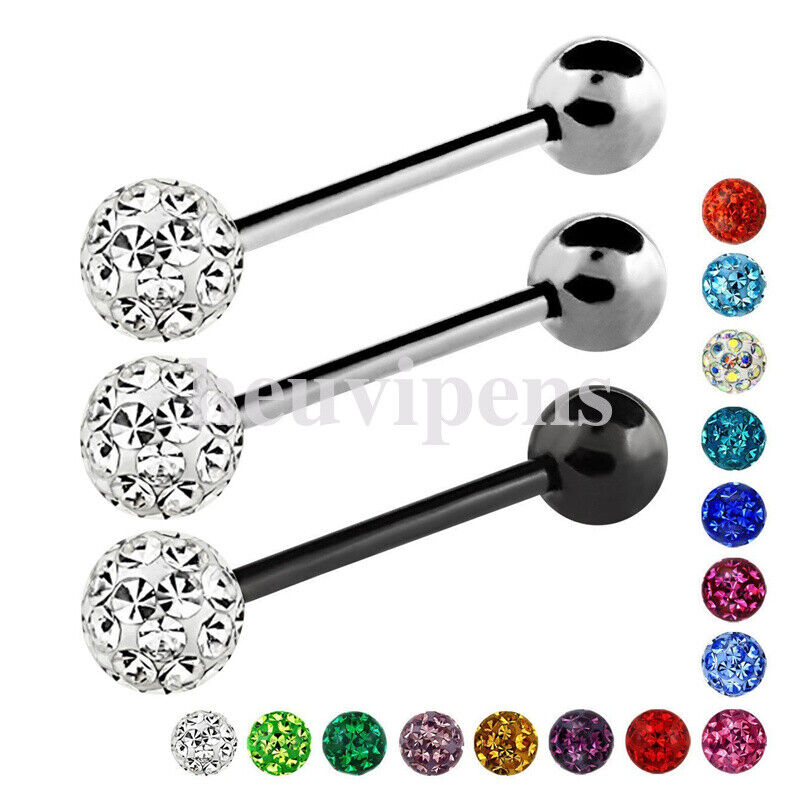 6pc Set Steel CZ Crystal Ball Barbell Bar Tongue Ring Studs Nipple Body Piercing