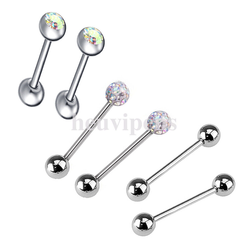 6pc Set Steel CZ Crystal Ball Barbell Bar Tongue Ring Studs Nipple Body Piercing