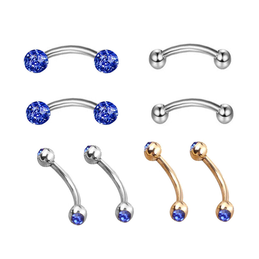 8pc Steel Ball Barbell Curved Eyebrow Ring Bar Tragus Ear Piercing Jewellery Set