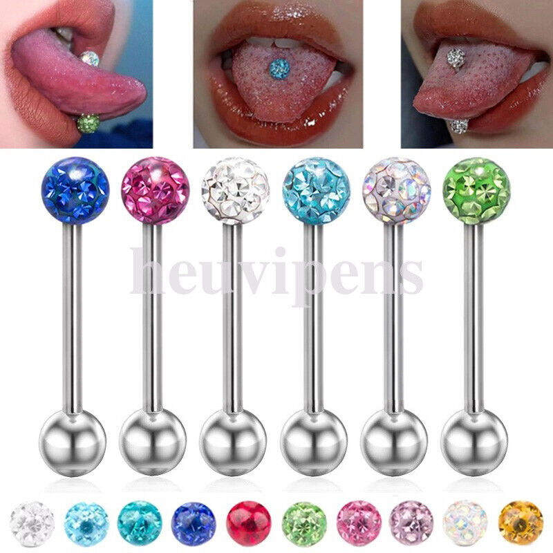 6pc Set Steel CZ Crystal Ball Barbell Bar Tongue Ring Studs Nipple Body Piercing