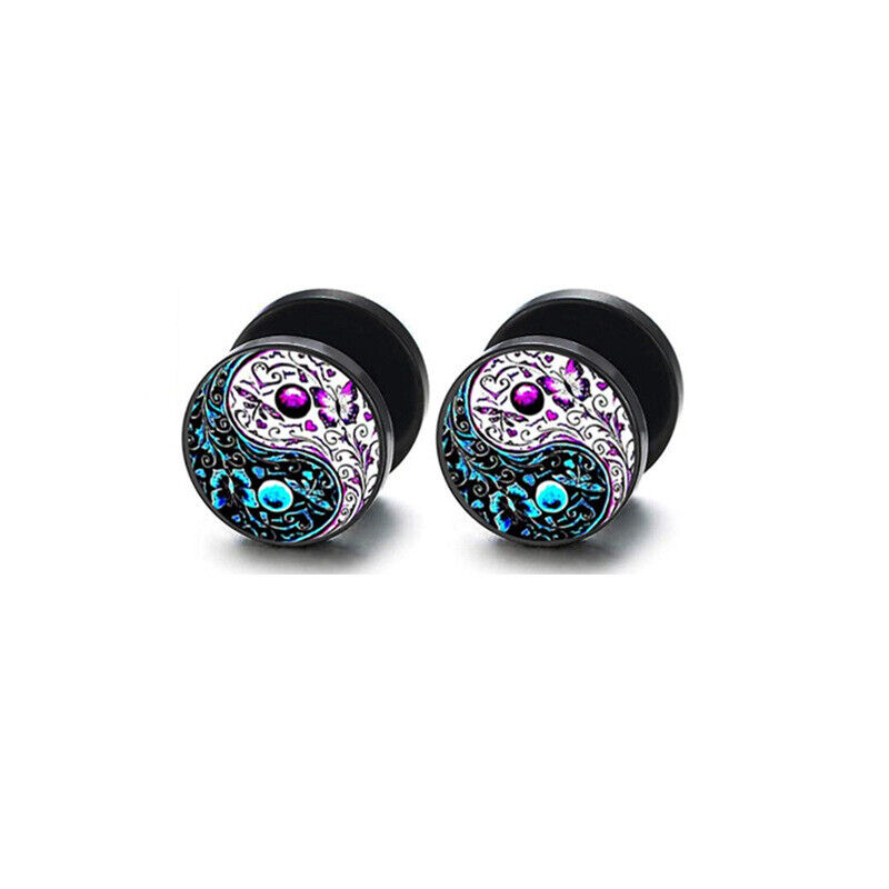 2pc Steel Multi Pattern Black Fake Ear Plug Flesh Tunnel Stud Earring Piercing