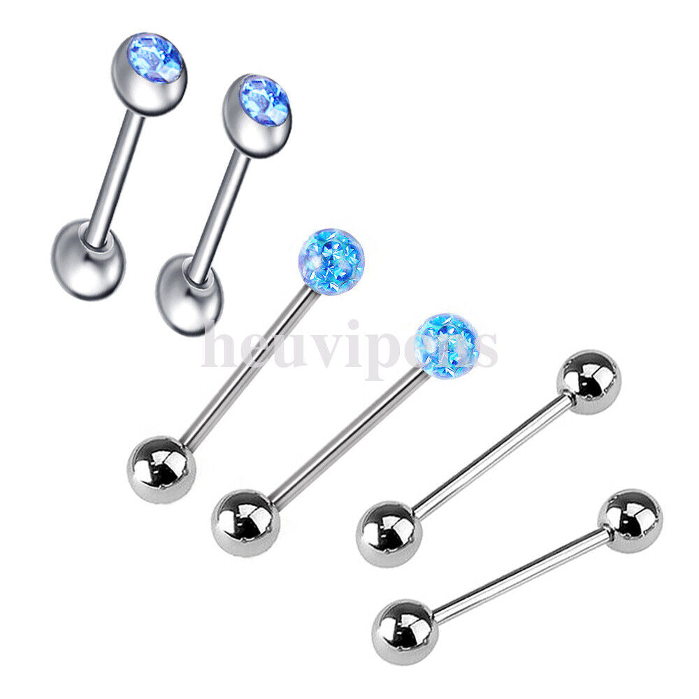 6pc Set Steel CZ Crystal Ball Barbell Bar Tongue Ring Studs Nipple Body Piercing