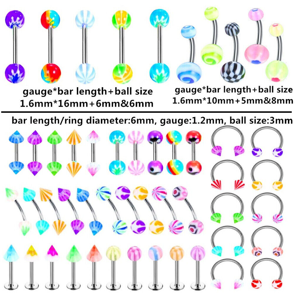 50X Acrylic Varies Kind Piercing Ear Labret Nose Tongue Navel Body Jewellery Set