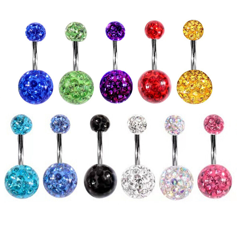 Varies Bar Navel Belly Button Ring Barbell Coated CZ Crystal Ball Body Piercing