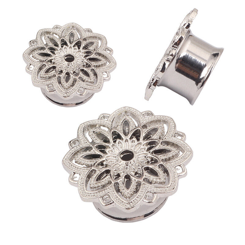 Silver Bronze Flower Steel Flesh Tunnel Ear Plug Stetcher Single Saddle Trumpet