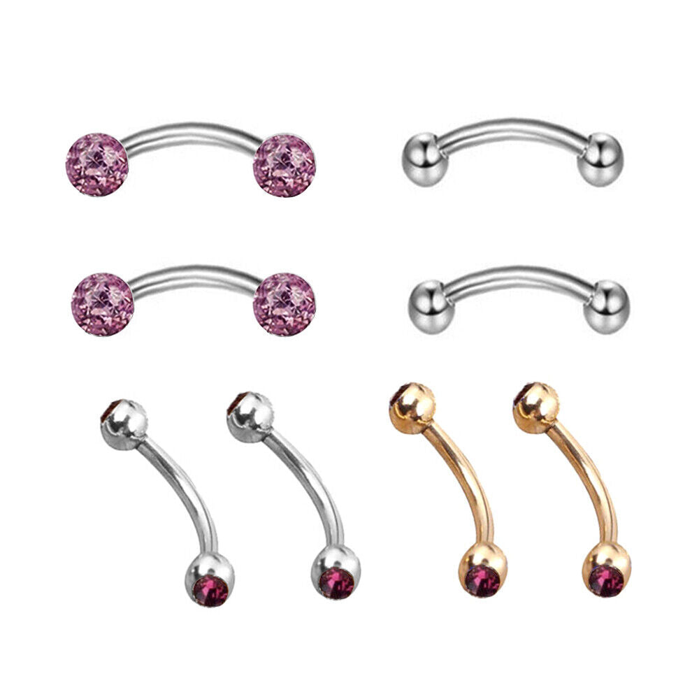 8pc Steel Ball Barbell Curved Eyebrow Ring Bar Tragus Ear Piercing Jewellery Set