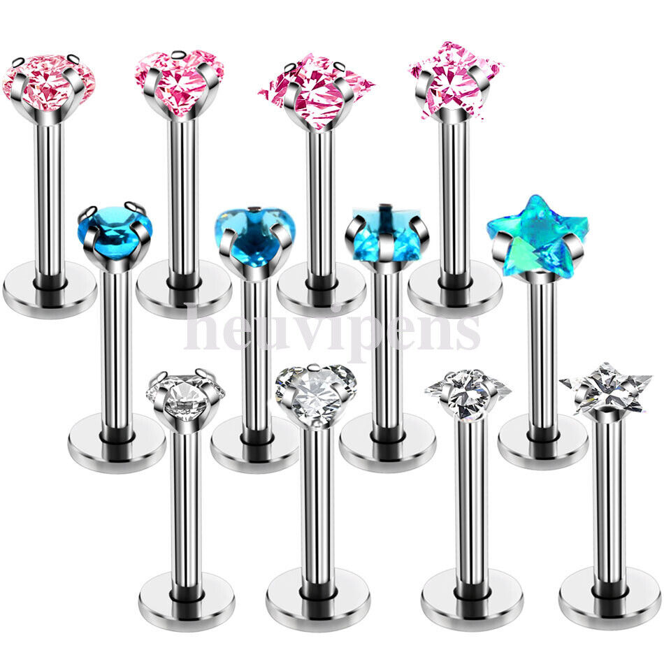 2X Zircon Surgical Steel Internal Thread Labret Lip Stud Nose Helix Ear Piercing