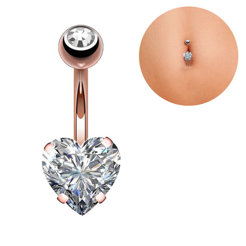 Zircon Heart Belly Bar Surgical Steel Double Gem Navel Button Ring Body Piercing