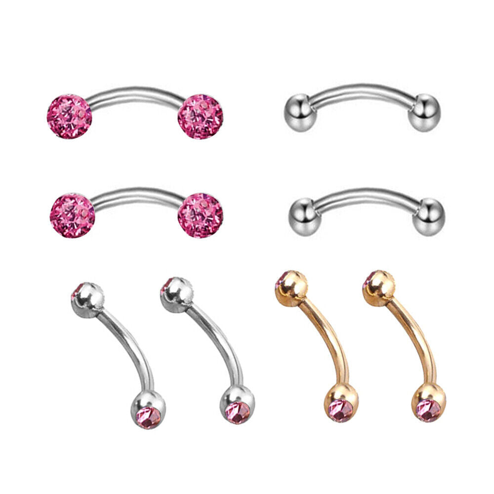 8pc Steel Ball Barbell Curved Eyebrow Ring Bar Tragus Ear Piercing Jewellery Set