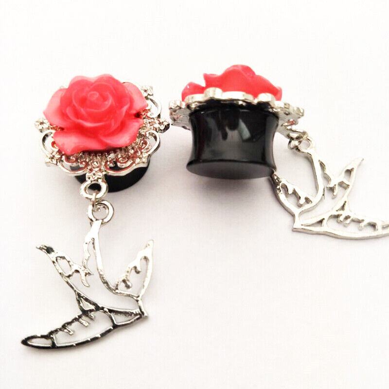 1 Pair Acrylic Flared Saddle Flesh Tunnel Rose Flower Alloy Bird Dangle Ear Plug