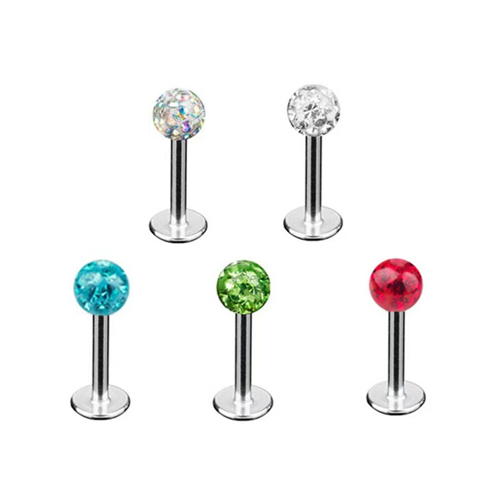 5X 16G MULTI CZ CRYSTAL Ball Monroe Lip Stud LABRET Bar Tragus Steel Piercing