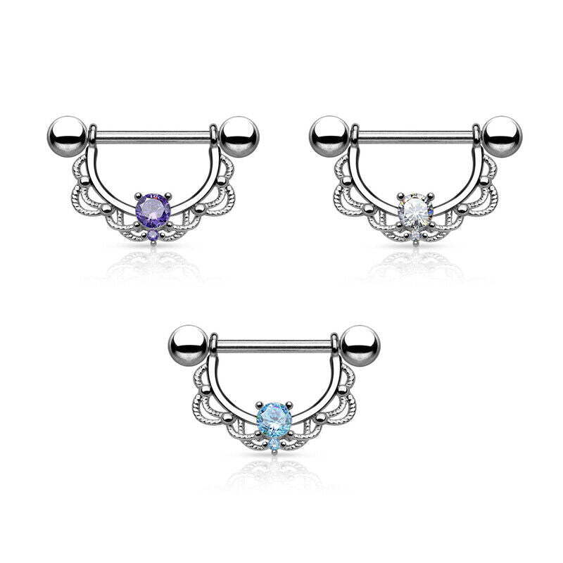 PAIR Nipple Bar Ring Surgical Steel Opal Zircon Shield Body Piercing Jewellery