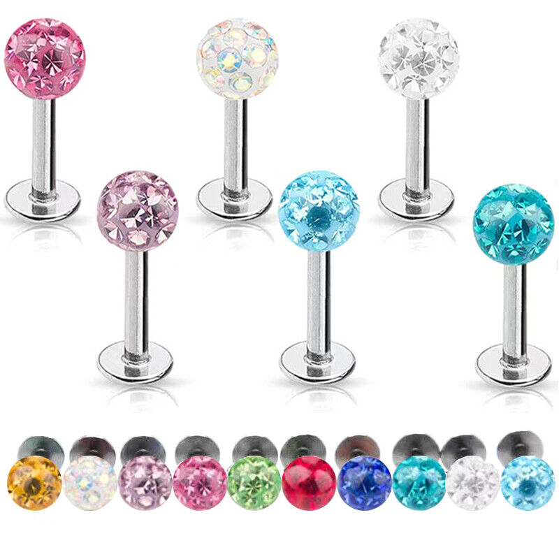 2pc 6/8/10mm Bar Coated Crystal Ball Lip Monroe Labret Tragus Ring Body Piercing