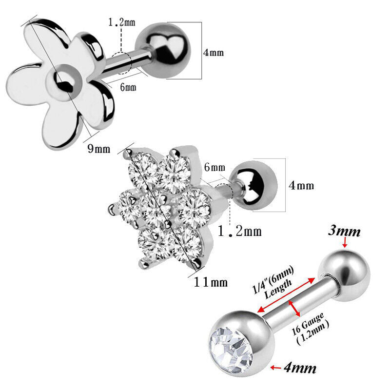 Crystal Steel Stud Earring Flower Ear Helix Tragus Cartilage Body Piercing