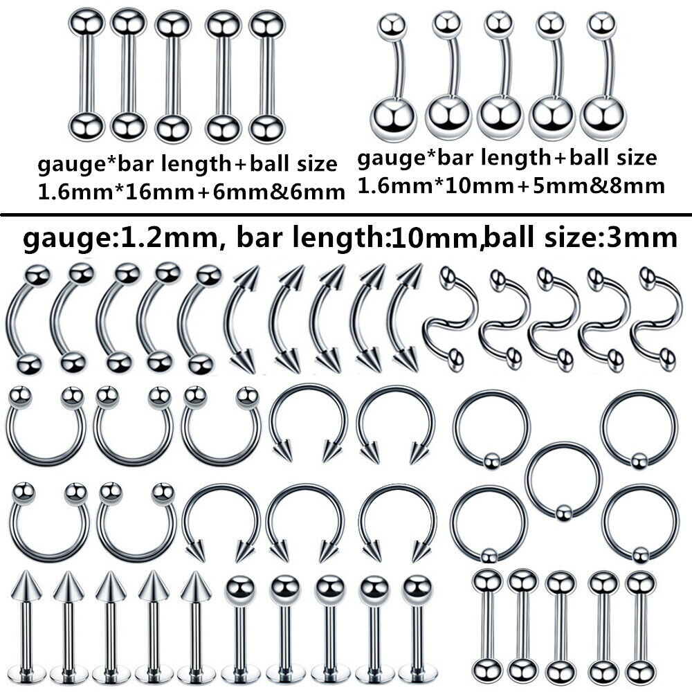 55X Steel Varies Kind Piercing Ear Labret Nose Tongue Navel Body Jewellery Set