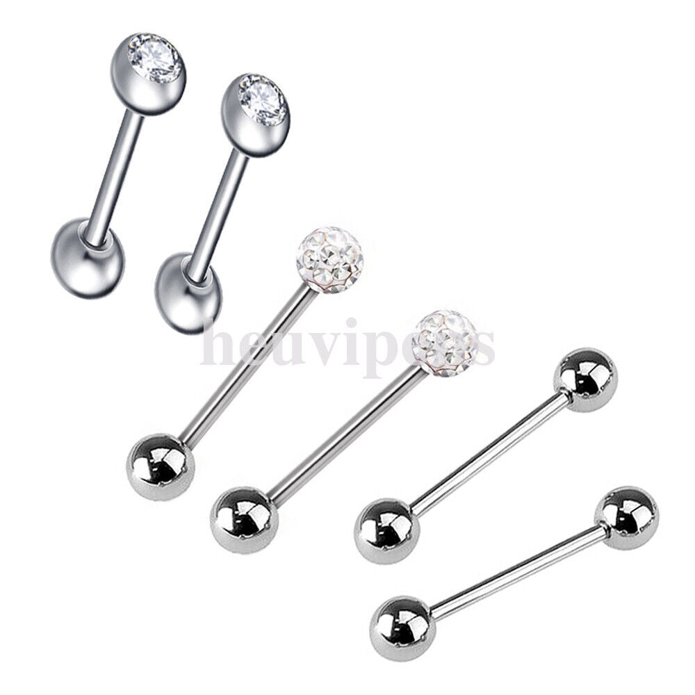 6pc Set Steel CZ Crystal Ball Barbell Bar Tongue Ring Studs Nipple Body Piercing